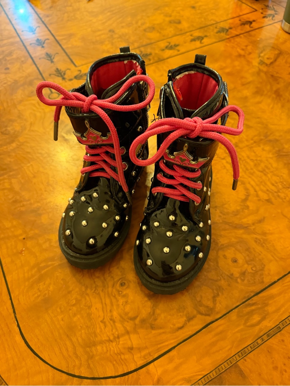 Disney Kids Black Patent Boots with Pink Laces - Size 9